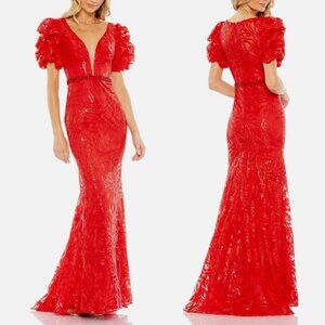 MAC DUGGAL 12421 EMBELLISHED PUFF SLEEVE PLUNGE NECK TRUMEPT RED GOWN  sz 8